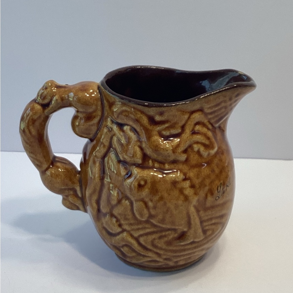 Vintage Canada Brown Glaze Stoneware Pottery Pitcher Syrup Jug Souvenir Lake NH - Picture 3 of 6
